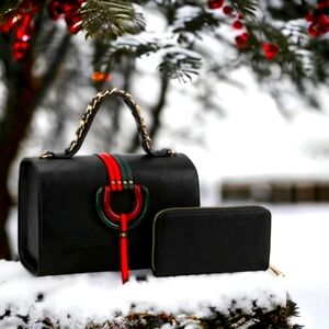 Black Tribal Leather Top Handle Satchel Handbag Set w Wallet